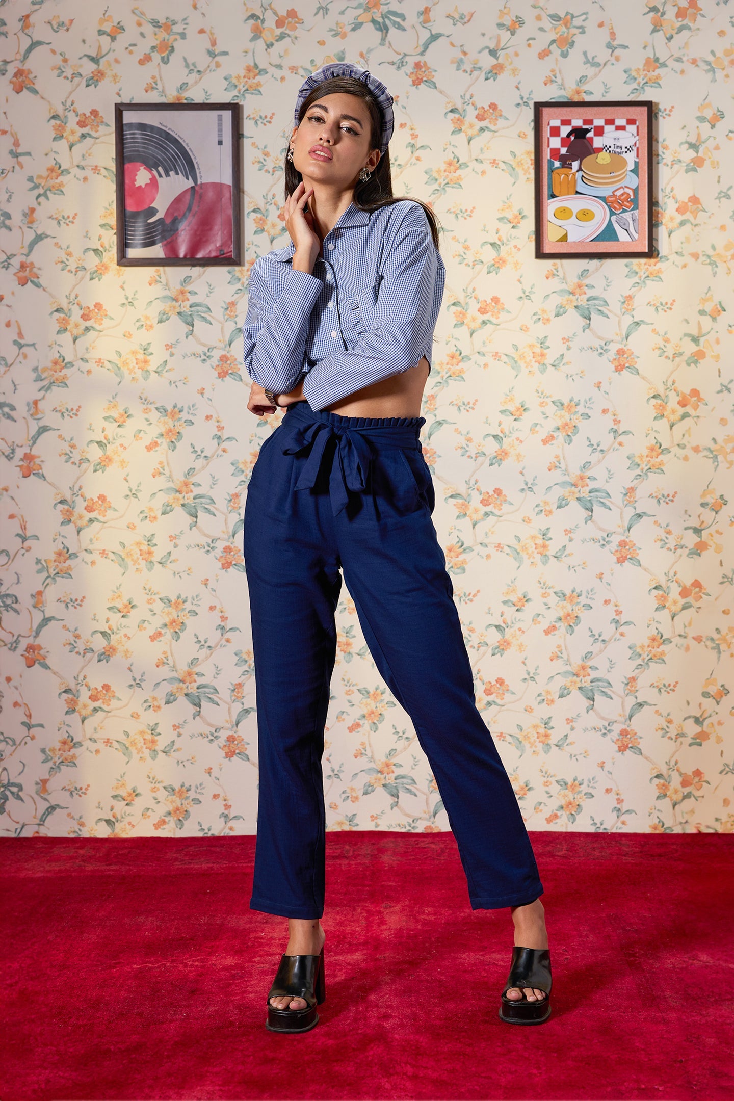 Ellen|Sleek cotton paper bag waist trousers