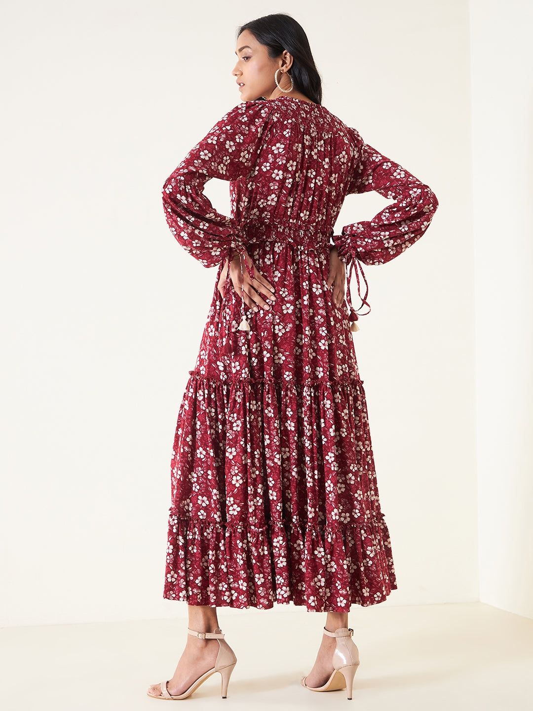 Red floral smocked tiered maxi dress