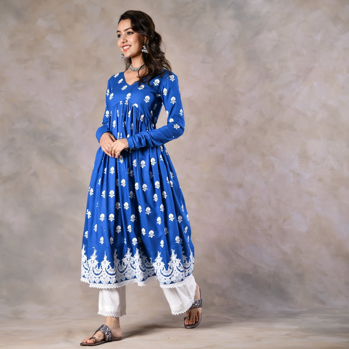 Blue Front Gathered Kurta Pant Set