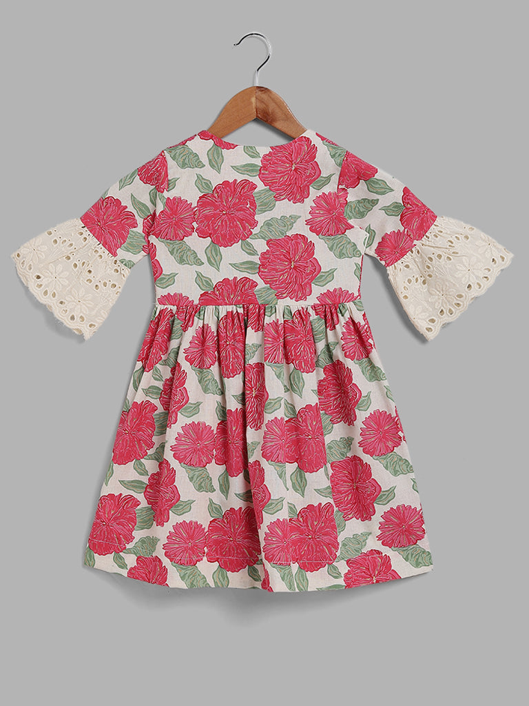 Utsa Kids Multi Floral Printed Schiffli Detail Dress