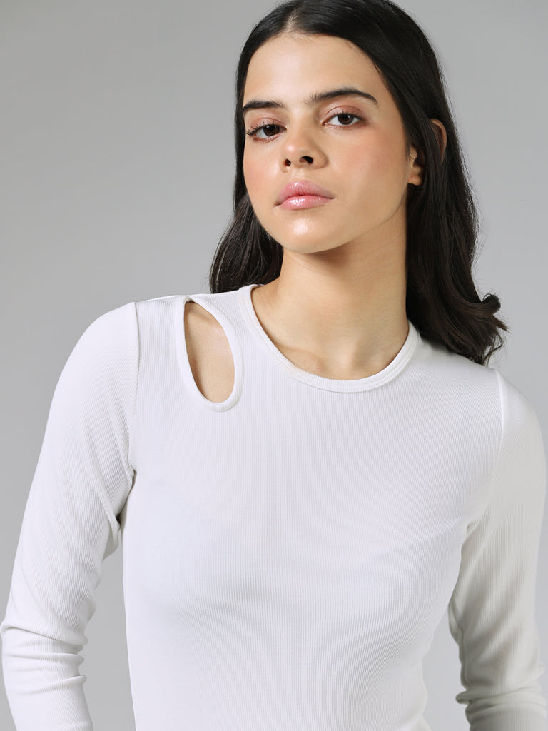 Studiofit Plain White Cut-Out Neck T-Shirt