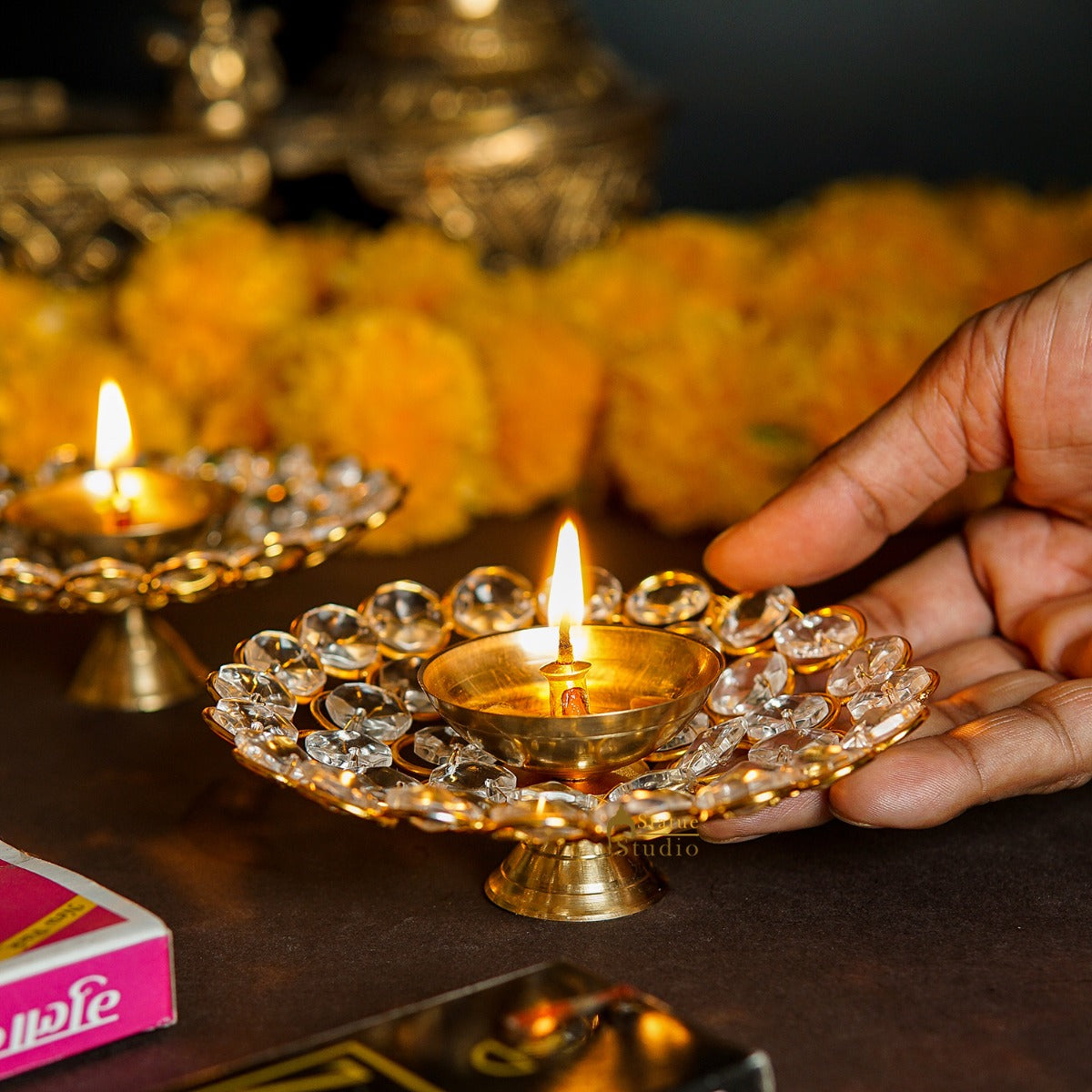 Brass Small Crystal Diya For Puja Home Diwali Decor Gift