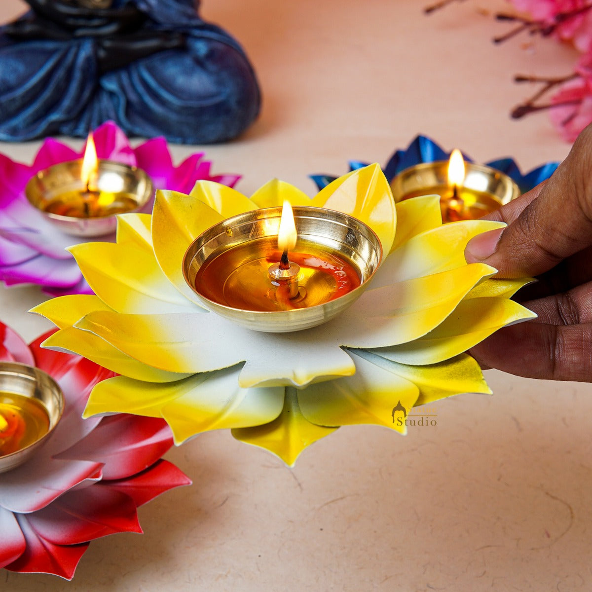 Metal Lotus Shaped Diya For Diwali Puja Pooja Festive Home Decor Corporate Gift 6" - Set of 2