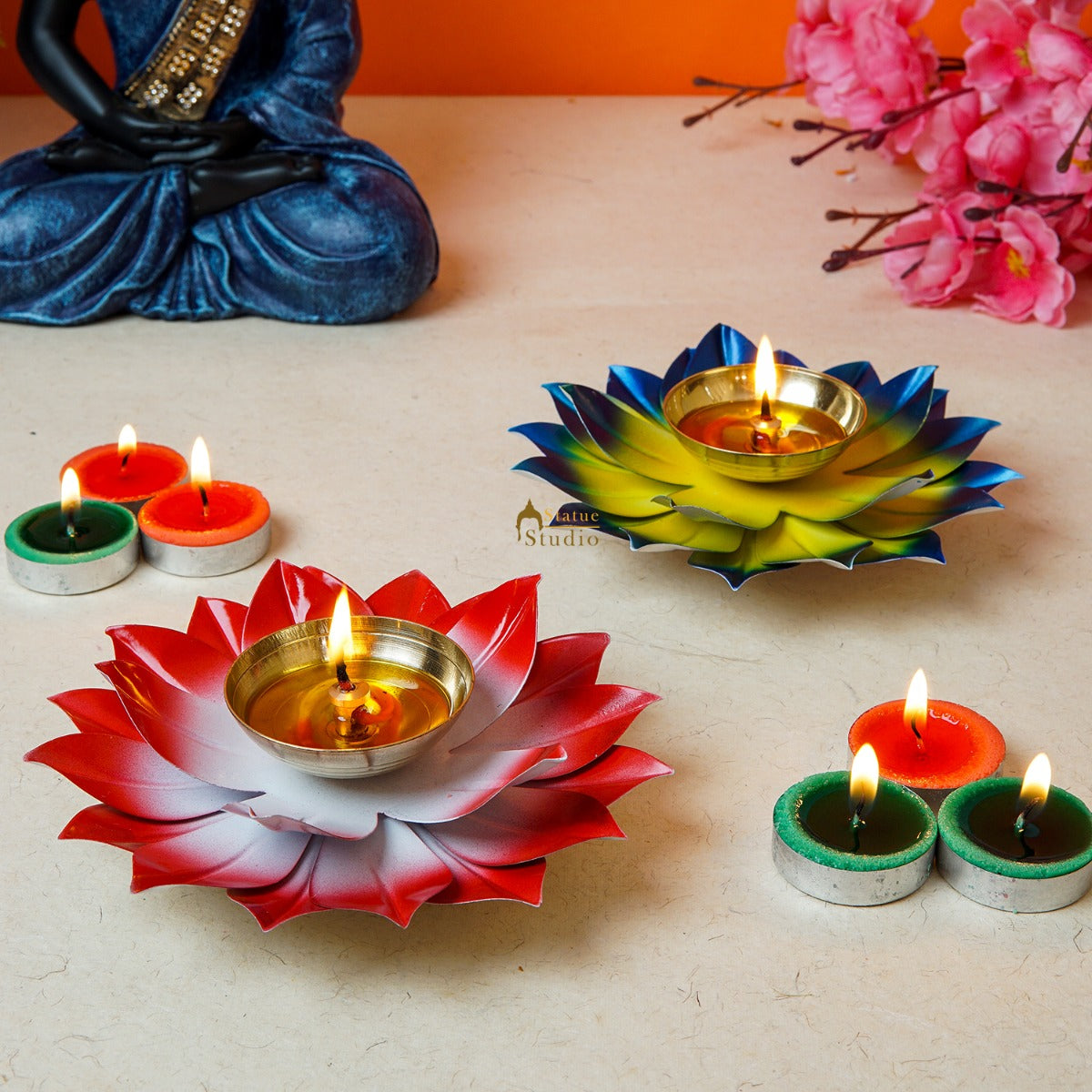 Metal Lotus Shaped Diya For Diwali Puja Pooja Festive Home Decor Corporate Gift 6" - Set of 2
