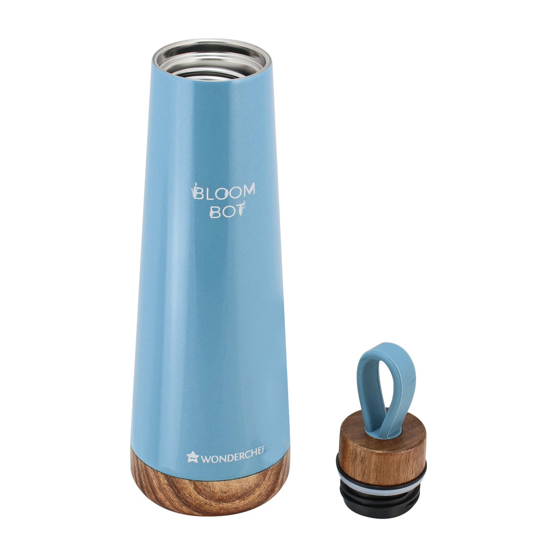 Bloom-Bot, 500ml, Stainless Steel Double Wall Water Bottle, Spill & Leak-proof , Wooden Base, Blue Pearl, 2 Years Warranty