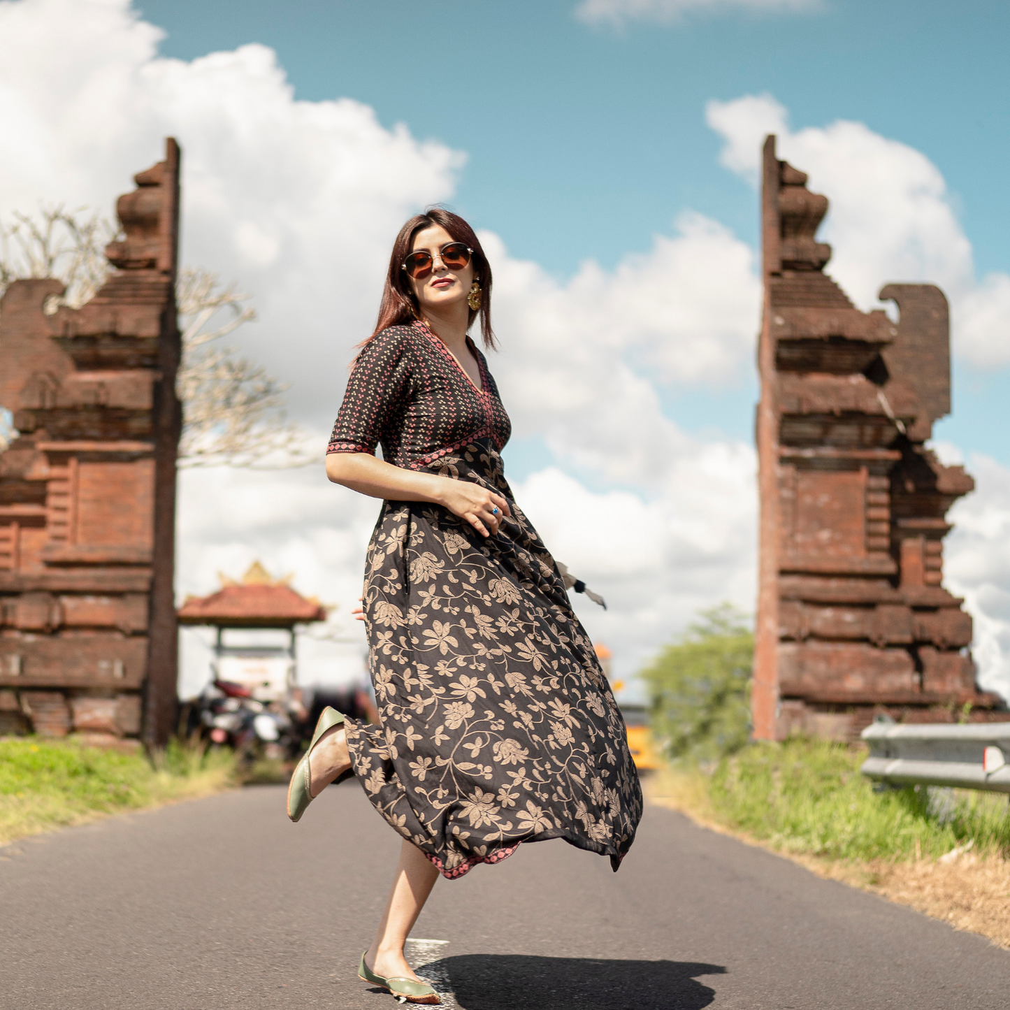 Black Bandhani Inspired Floral Dress