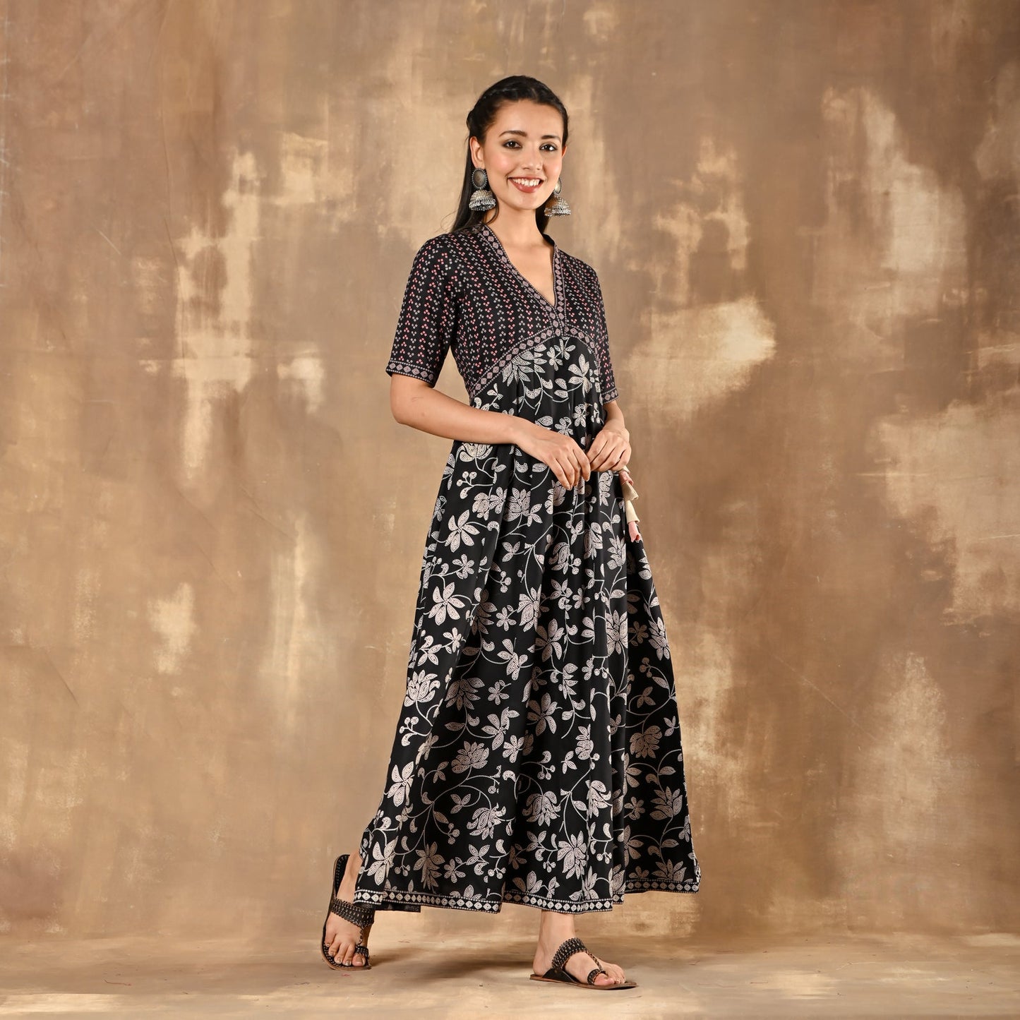 Black Bandhani Inspired Floral Dress