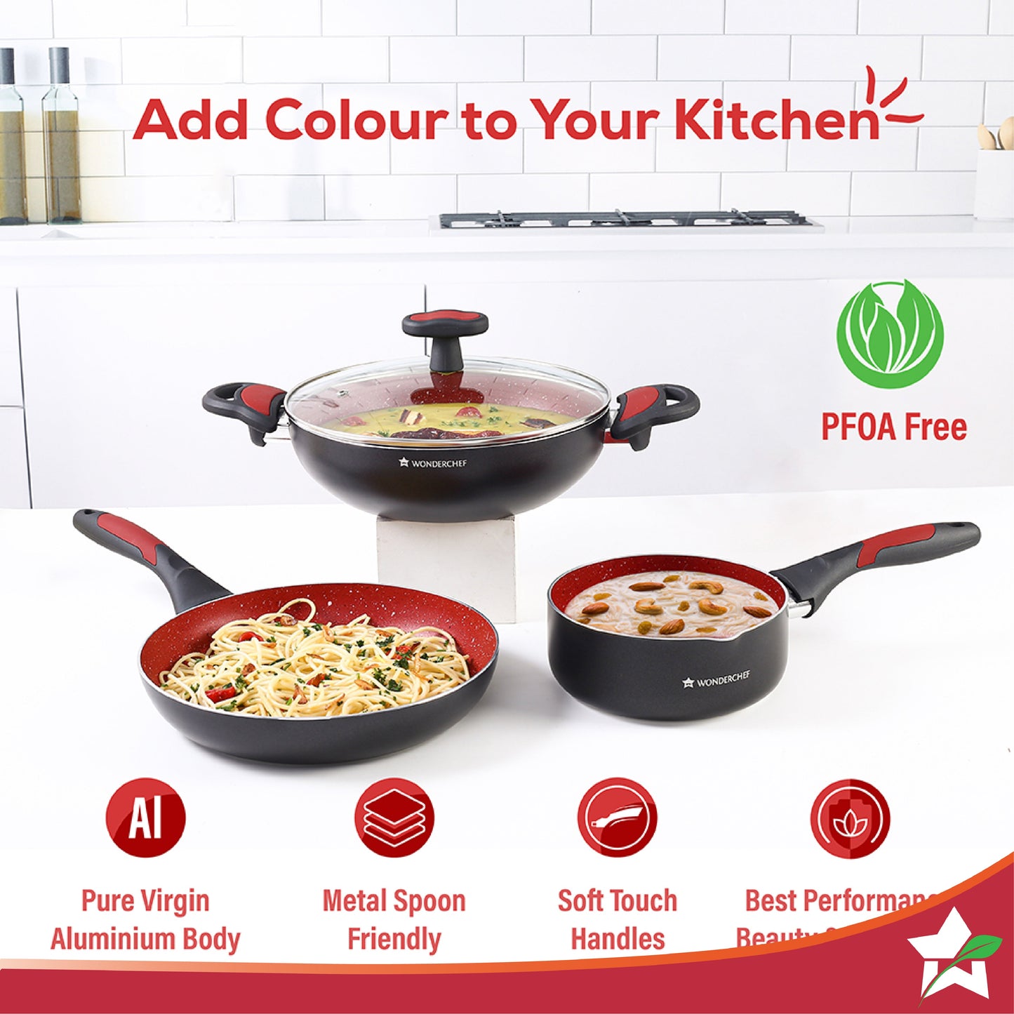 Burlington Aluminum Non-Stick Cookware 4 pc Set | Kadhai with Glass Lid 1.15L, Sauce Pan 2.6L, Fry Pan 1.7L | Induction Bottom | Soft Touch Handles | Pure Grade Aluminium | PFOA Free | 2 Year Warranty | Red/Black