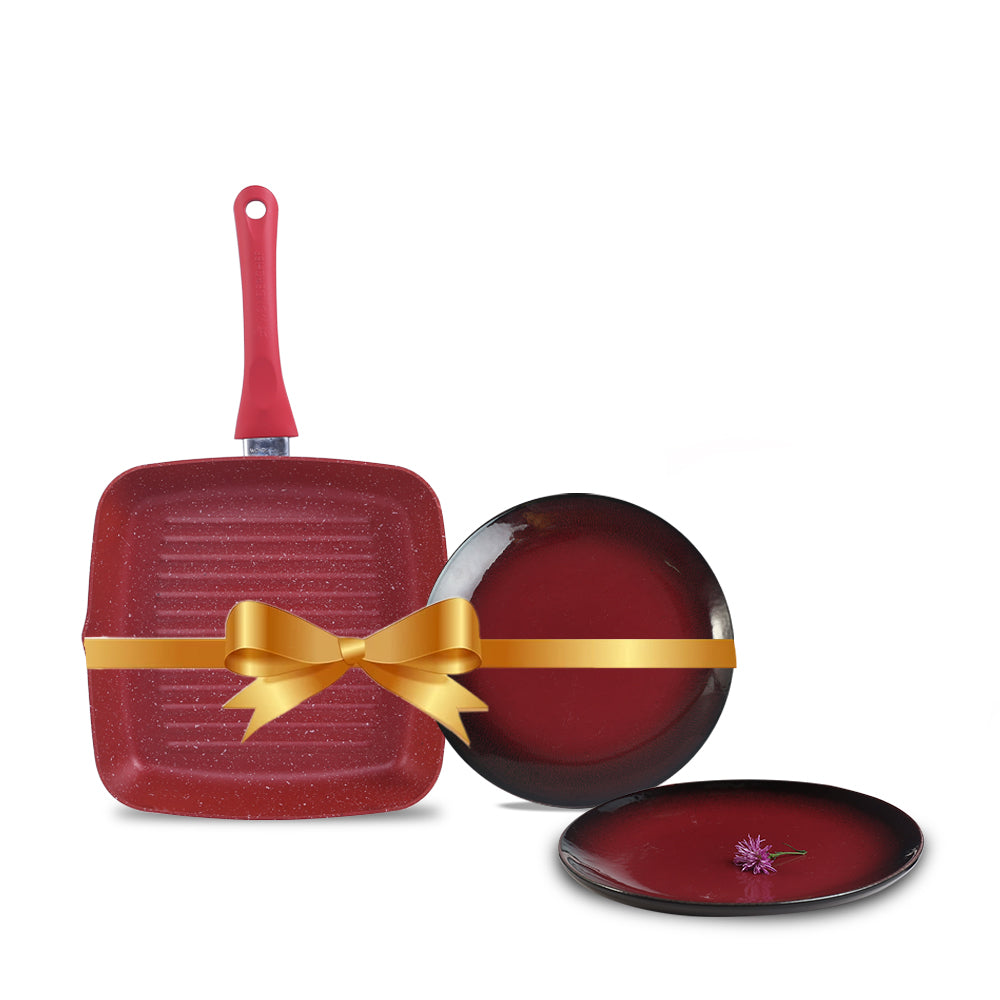 Royal Velvet Grill Pan 24cm Red + Teramo Qtr. Plates Set of 2, Gift Combo, For Family and Friends, Gift for Diwali and Festivals, House Warming