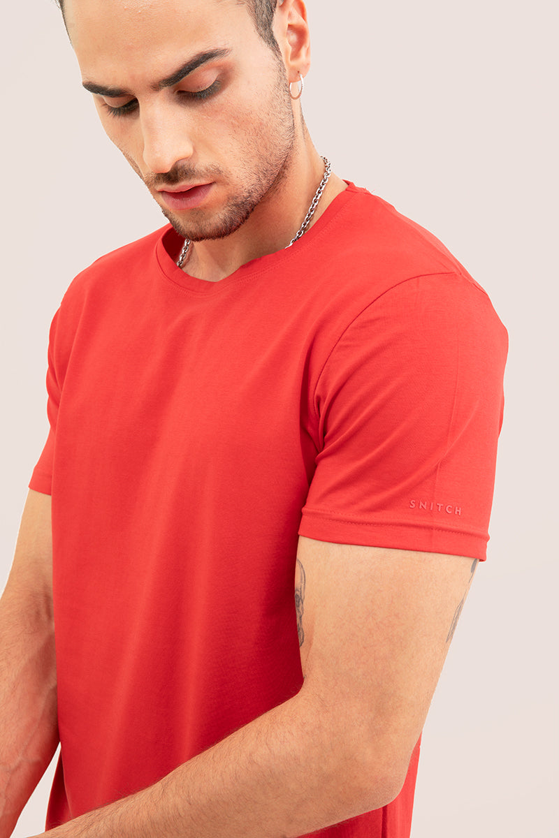 Red Solid 4 Way Stretch Crew Neck T-Shirts | Relove