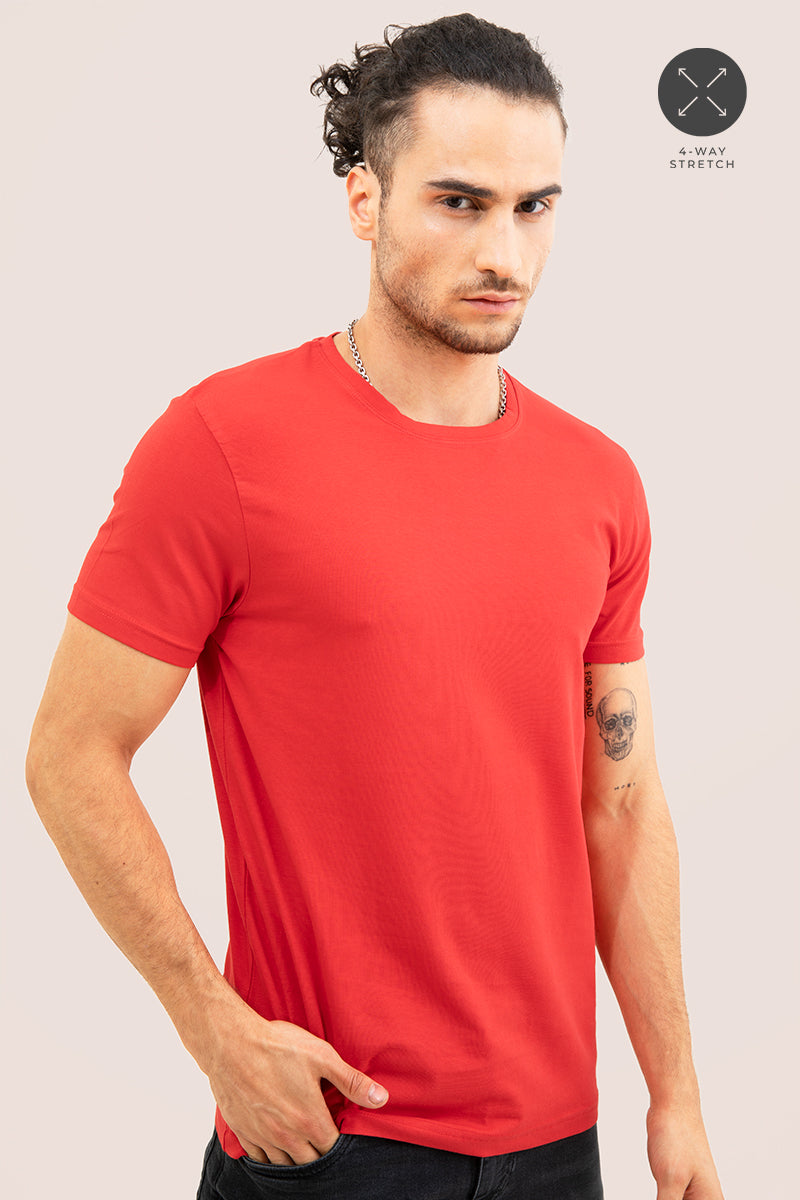 Red Solid 4 Way Stretch Crew Neck T-Shirts | Relove