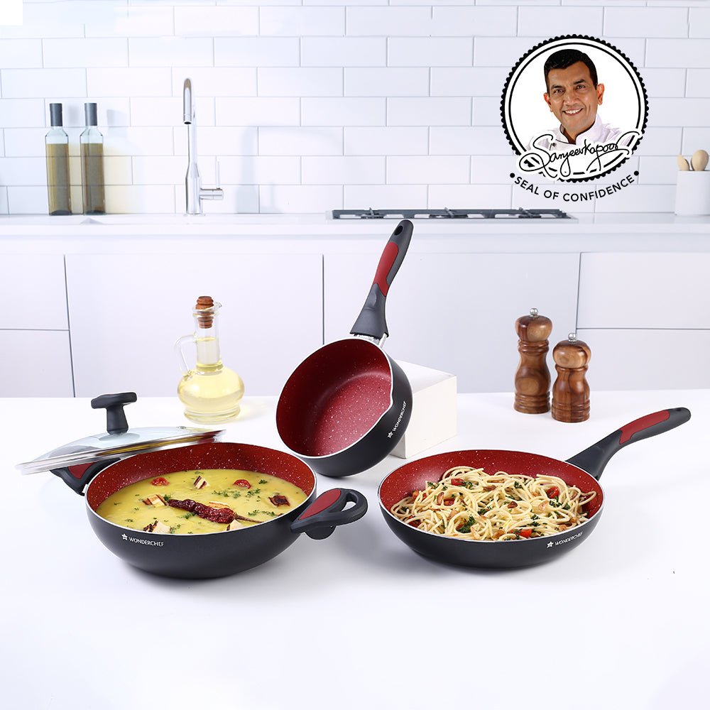 Burlington Aluminum Non-Stick Cookware 4 pc Set | Kadhai with Glass Lid 1.15L, Sauce Pan 2.6L, Fry Pan 1.7L | Induction Bottom | Soft Touch Handles | Pure Grade Aluminium | PFOA Free | 2 Year Warranty | Red/Black